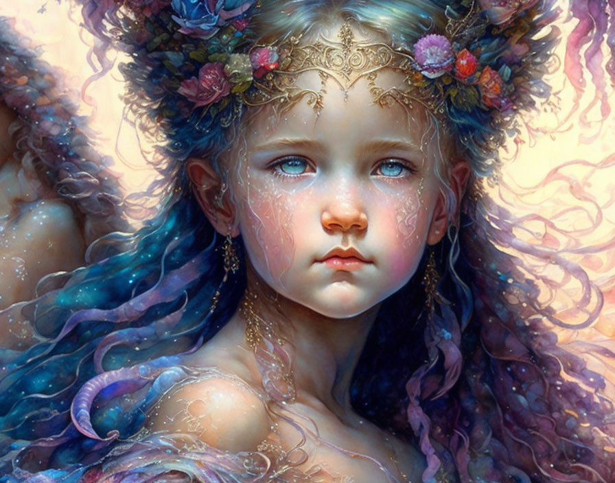 Young girl with blue eyes and purple curly hair in mystical fantasy style