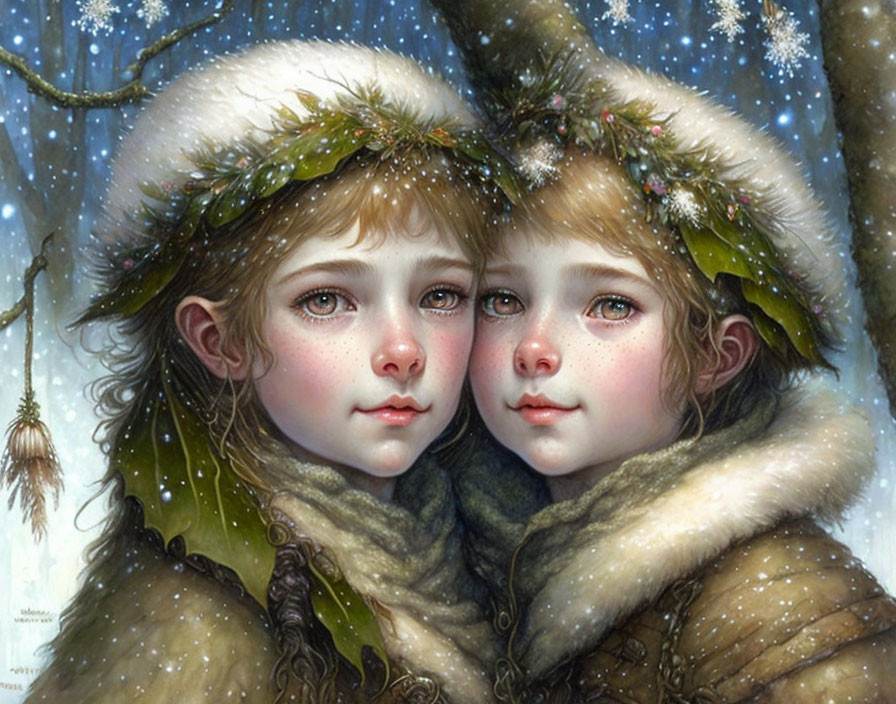 Winter-themed illustration of two children in hats, surrounded by snowflakes, in a cozy snowy setting