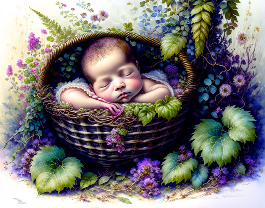 Sleeping baby in woven basket surrounded by lush greenery and purple flowers