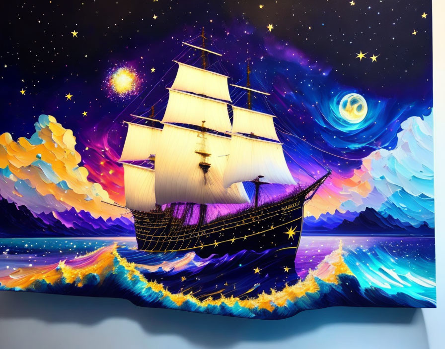 Colorful Cosmic Seascape with Sailing Ship and Celestial Elements