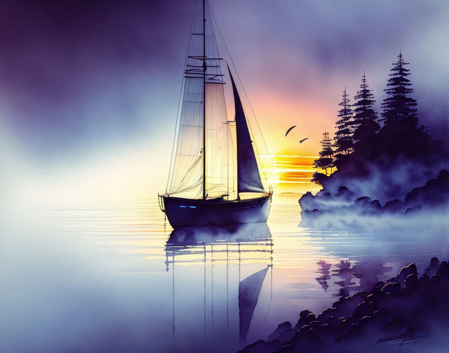 Sailboat watercolor painting: vivid sunset, tree silhouettes, serene water