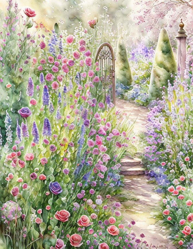 Lush Garden Pathway with Colorful Flowers and Metal Gate