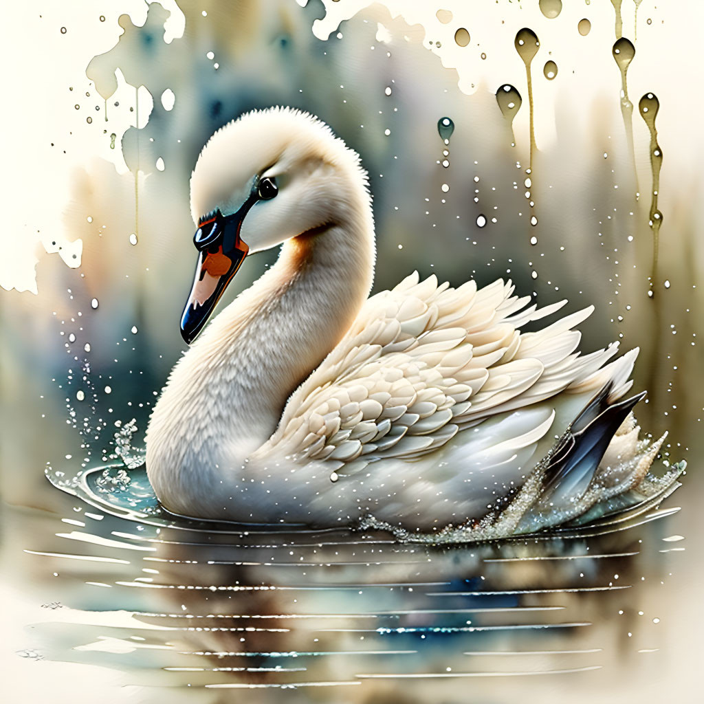 Graceful Swan Floating on Water with Splashing Droplets on Painterly Background