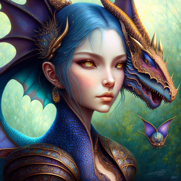 Fantasy illustration of woman with blue hair and dragons in lush backdrop