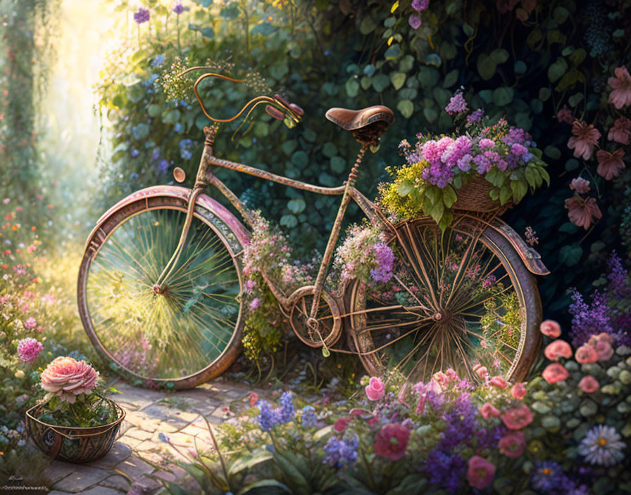 Vintage bicycle with flower-filled basket against lush garden wall