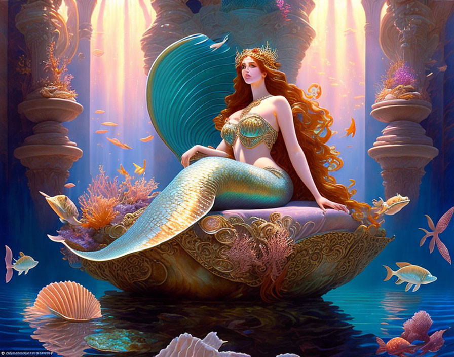 Mermaid with red hair and golden crown in underwater scene