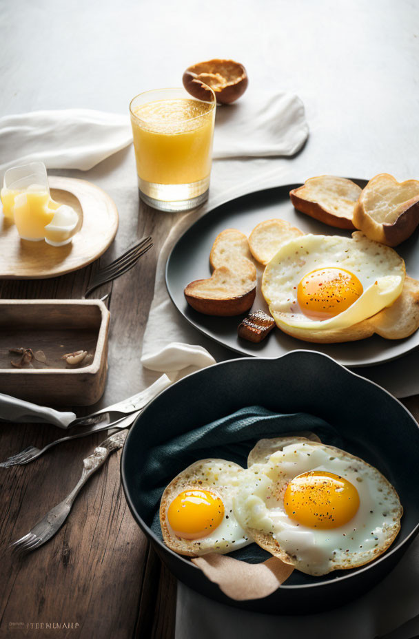 Sunny-Side-Up Eggs, Toast, Orange Juice, Butter on Wooden Table