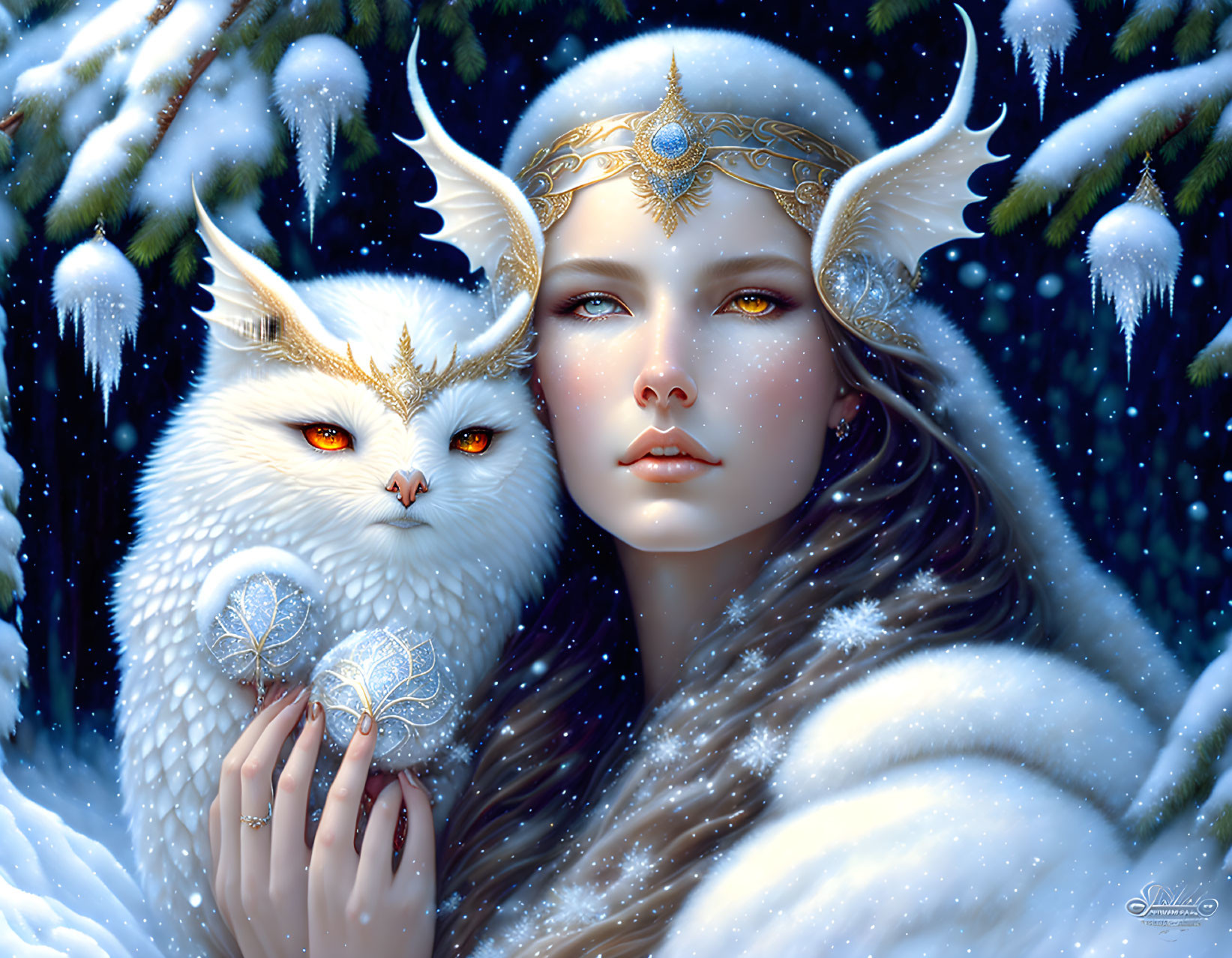 Fantasy illustration: Woman with white hair, ornate antlers, owl, snowy backdrop