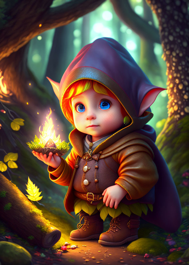 Illustration of elf-like child with blue eyes in forest with glowing leaf