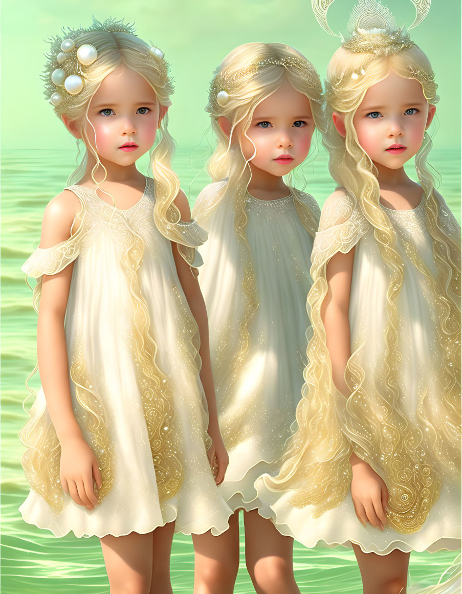 Three identical blonde girls in white dresses with pearls and lace on soft green background