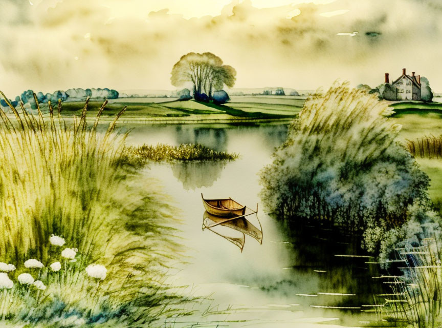 Tranquil Watercolor Landscape with Boat on Calm Lake