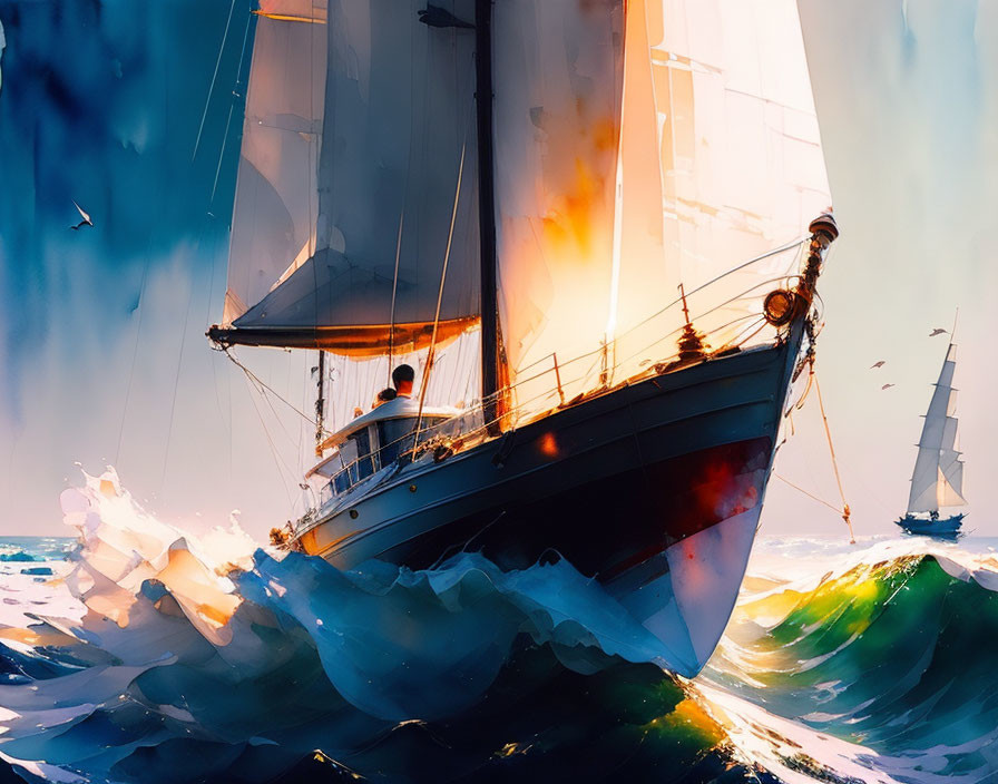 Colorful digital artwork of sailboats on wavy seas under sunlight