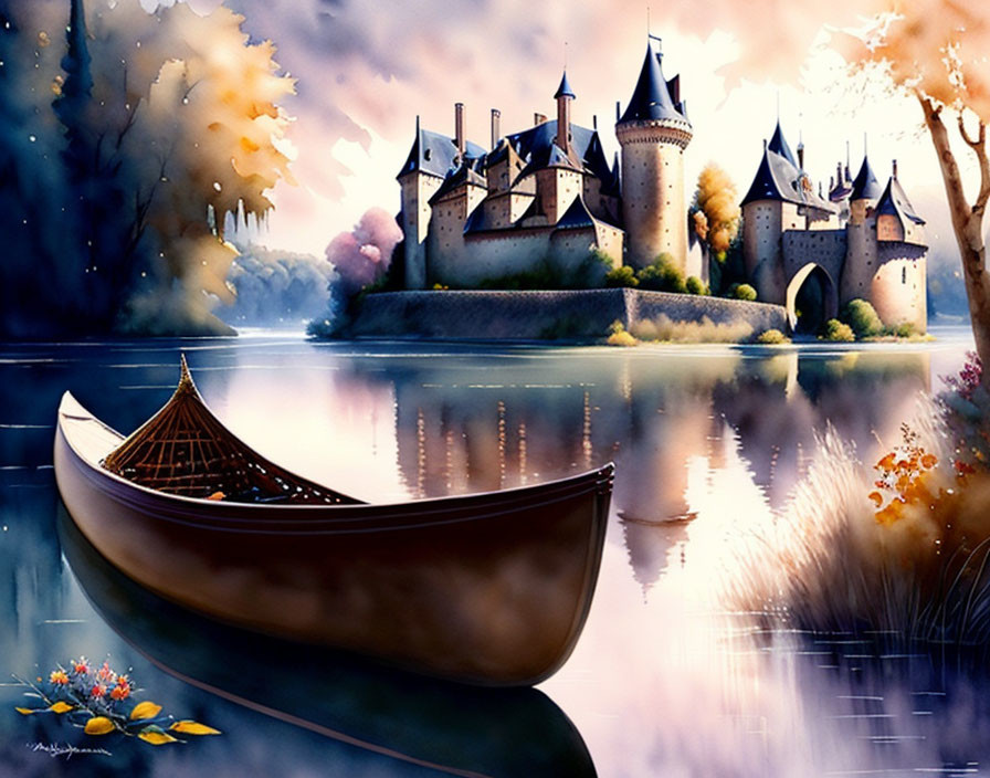 Fairytale castle by calm lake with rowboat and autumn trees