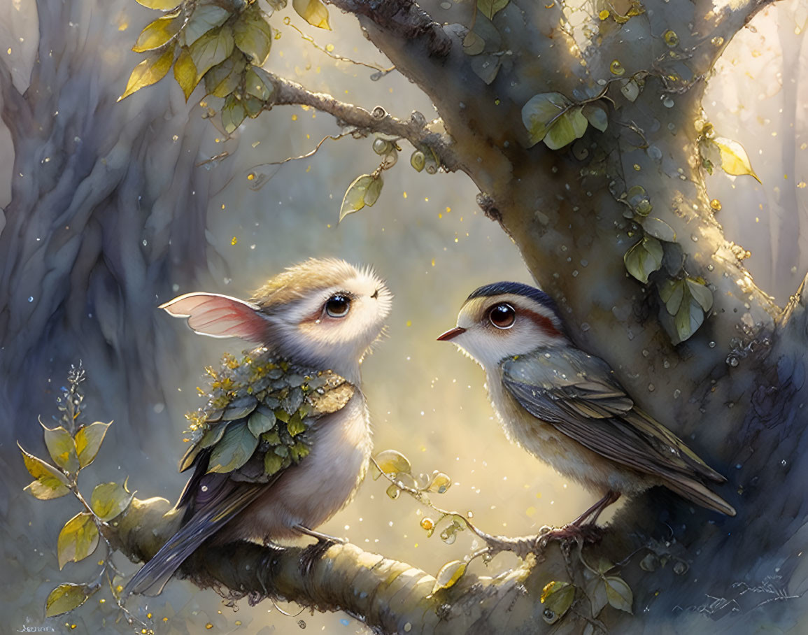 Whimsical birds with leafy wings in enchanted forest scene