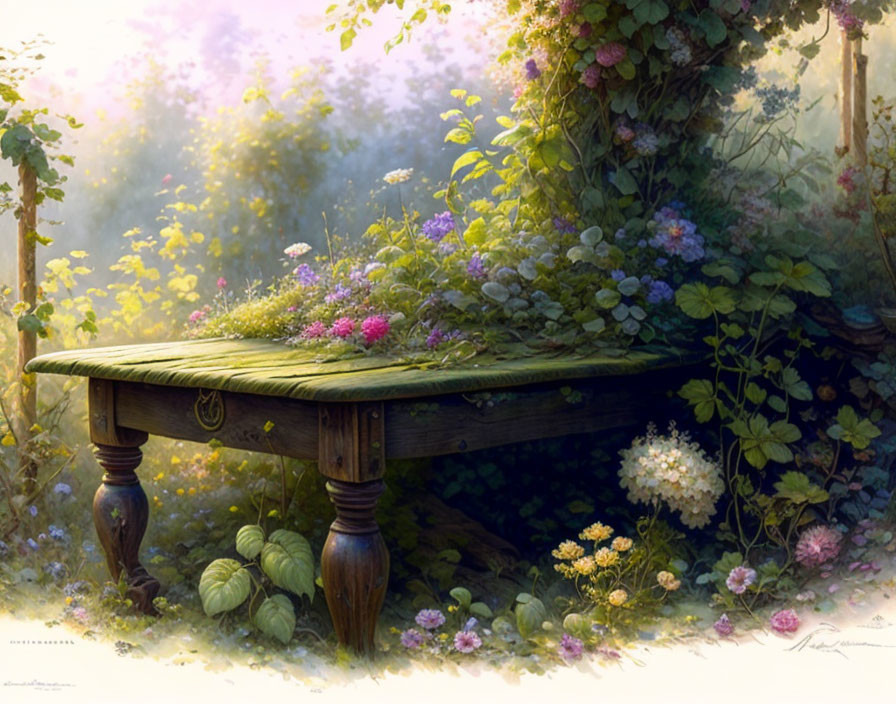 Rustic wooden table with moss, flowers, and greenery in forest clearing