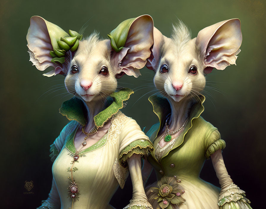 Anthropomorphic mice in elegant attire with leaf-like ears on muted backdrop