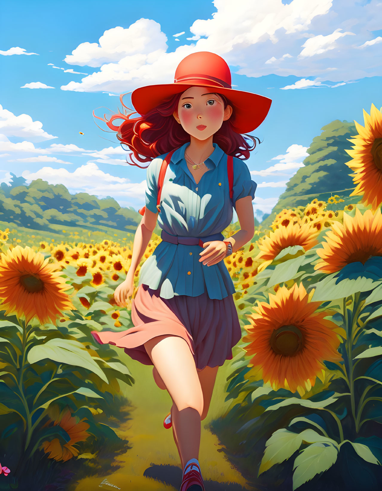 Young girl in red hat runs through sunny sunflower field