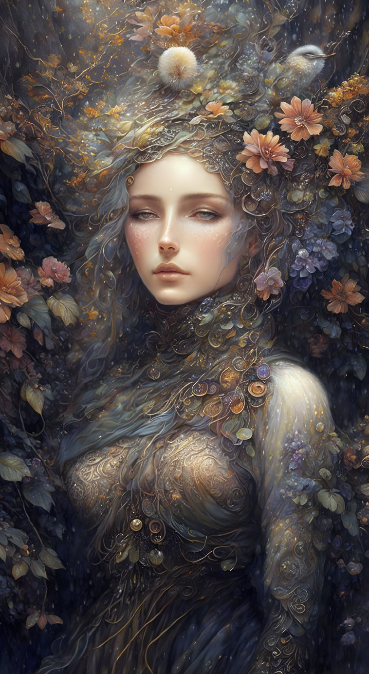 Ethereal woman with floral headdress in mystical floral arrangement