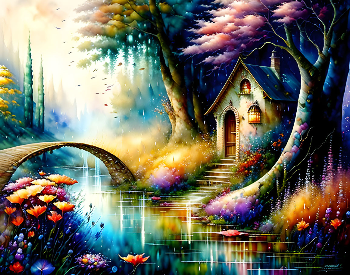 Colorful Illustration of Whimsical Cottage by Tranquil River