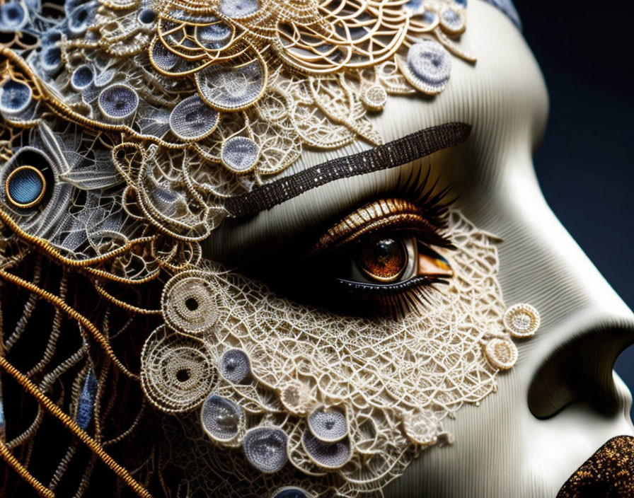 Detailed Close-Up of Intricate Robotic Face with Lace Patterns