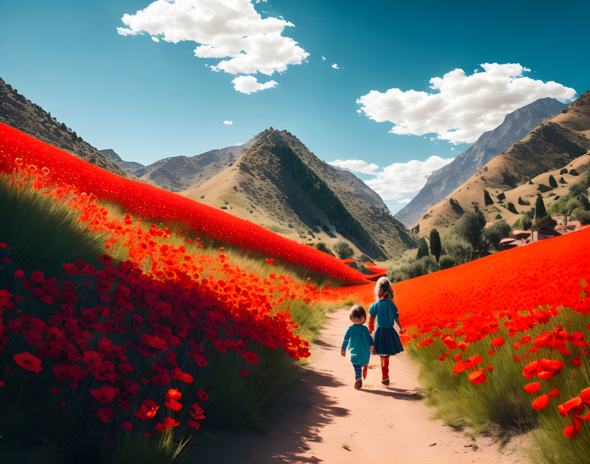 Children walking through vibrant red poppy fields with mountains and blue sky