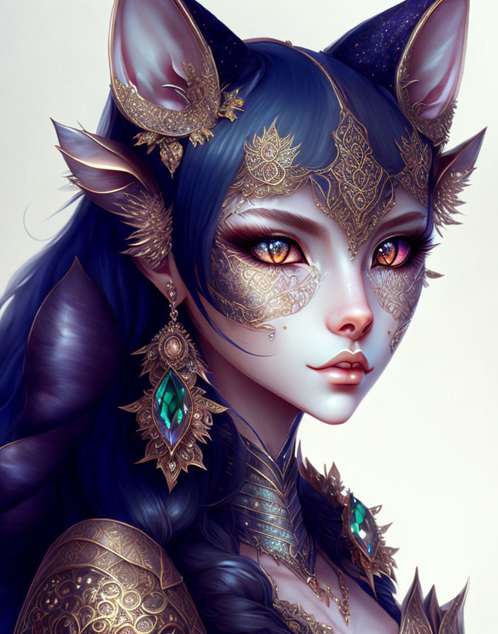 Stylized illustration of female figure with blue cat ears, gold jewelry, and intricate tattoos.