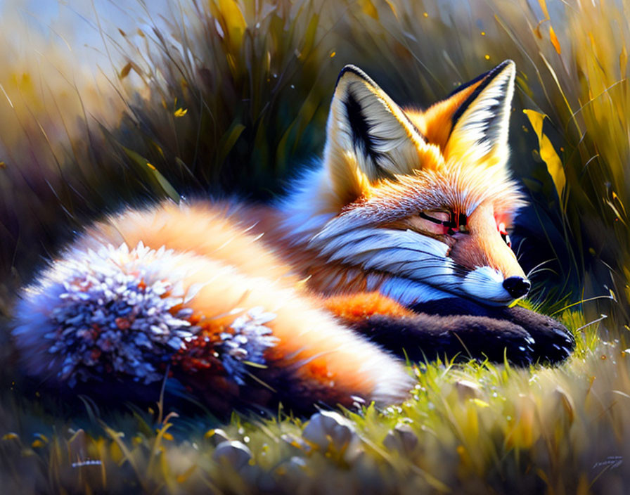 Peaceful Fox Resting in Vibrant Grass Field