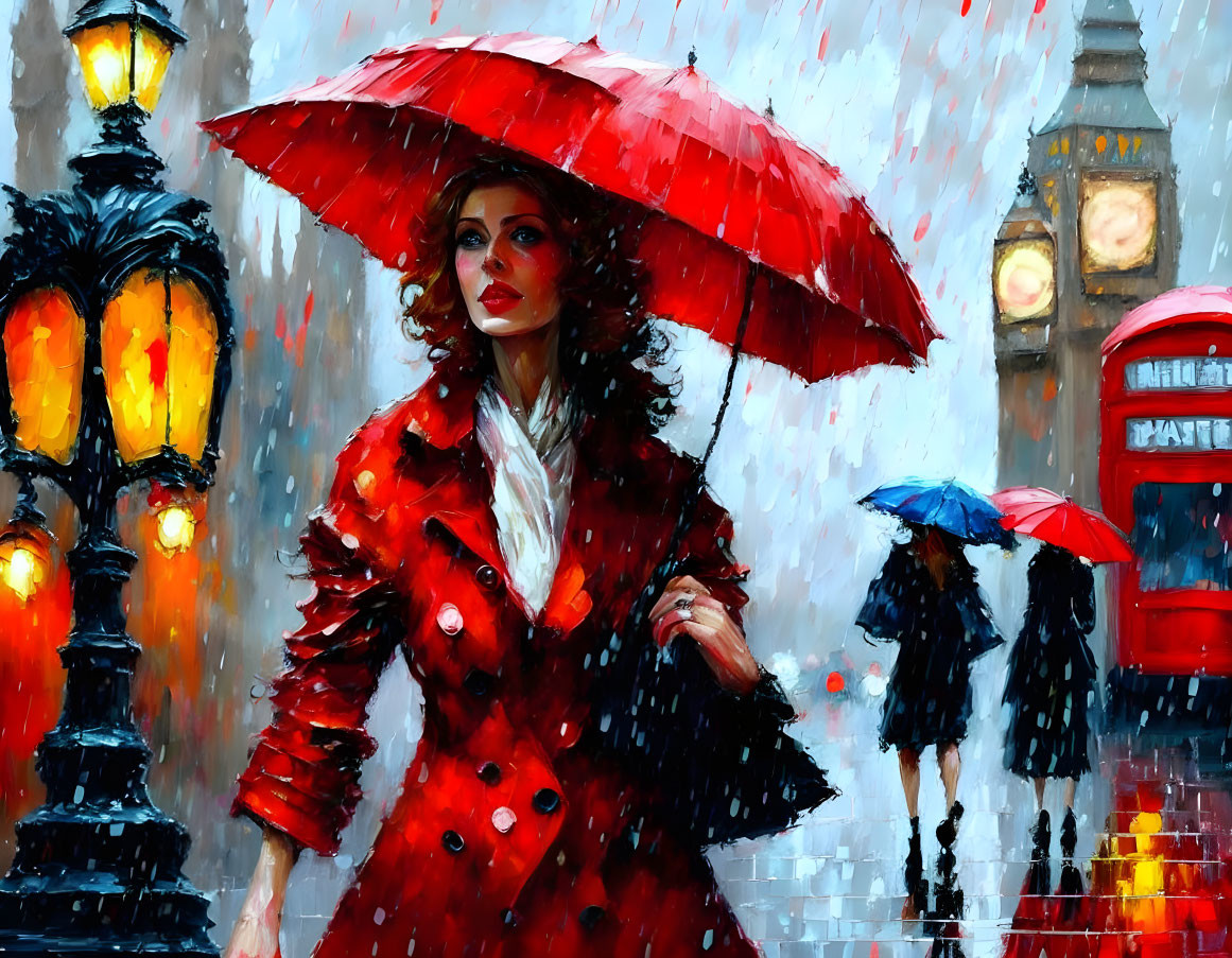 Impressionistic painting of woman with red umbrella near Big Ben