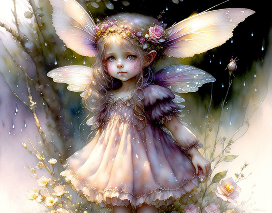 Illustration of young fairy girl with large wings in soft lighting