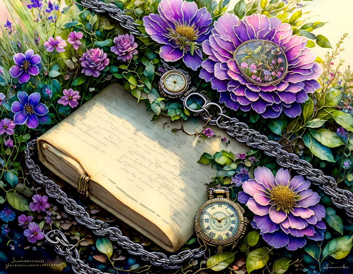 Vintage book with purple flowers, greenery, and pocket watches.