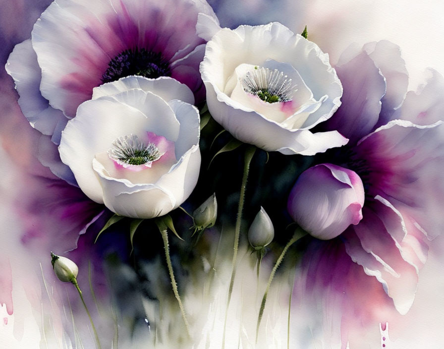 Vibrant Purple and White Poppies in Watercolor Art