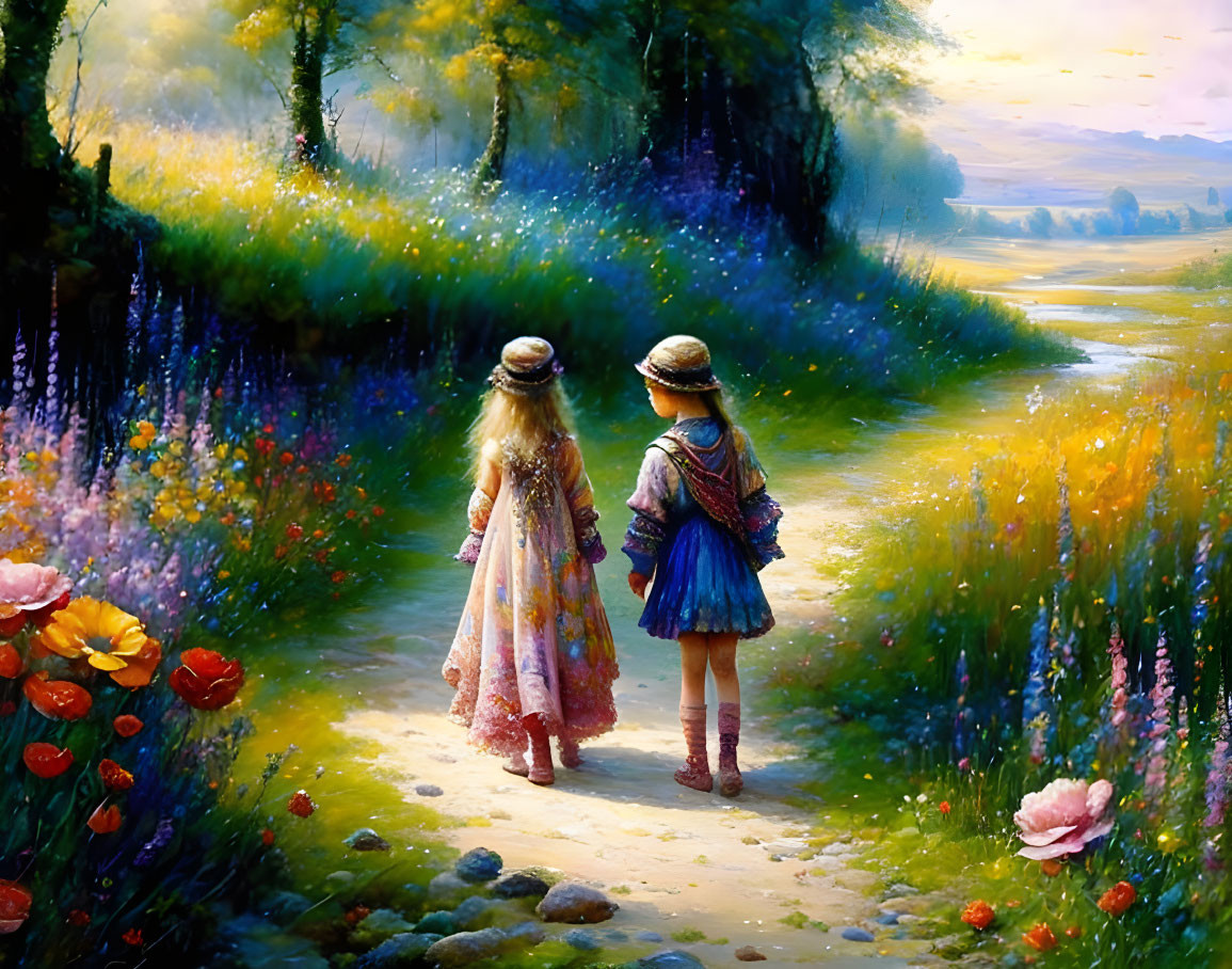 Children walking in vibrant flower-filled landscape