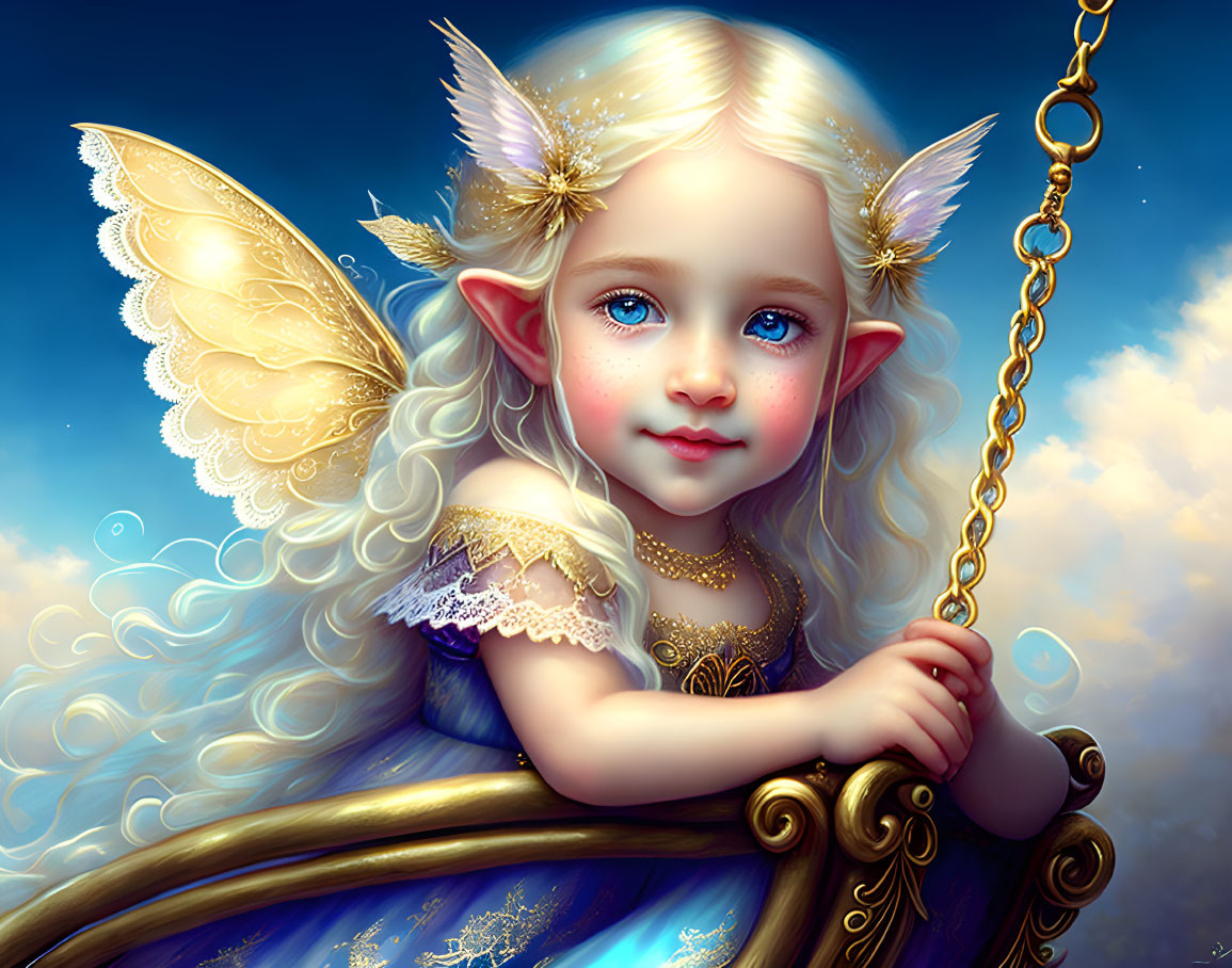 Digital artwork featuring fairy with large wings and gold accessories on swing against serene blue sky