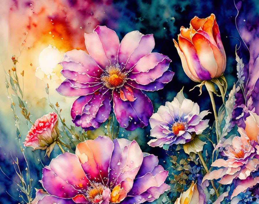 Colorful Watercolor Painting of Lush Flowers in Dreamy Background