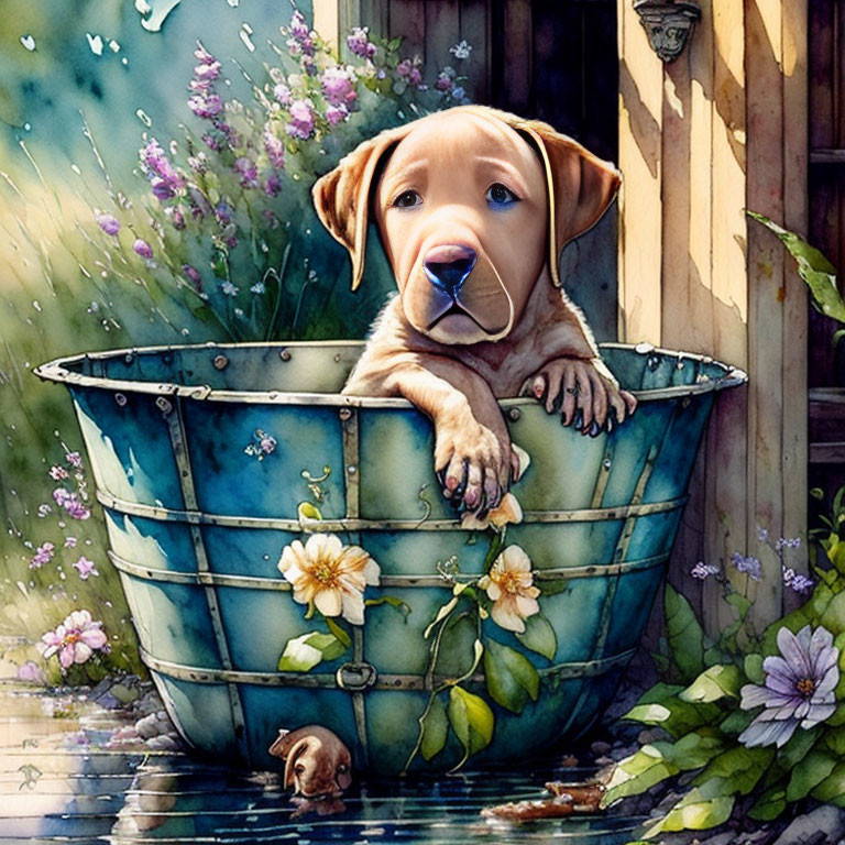 Adorable puppy in blue vintage tub with flowers and duckling