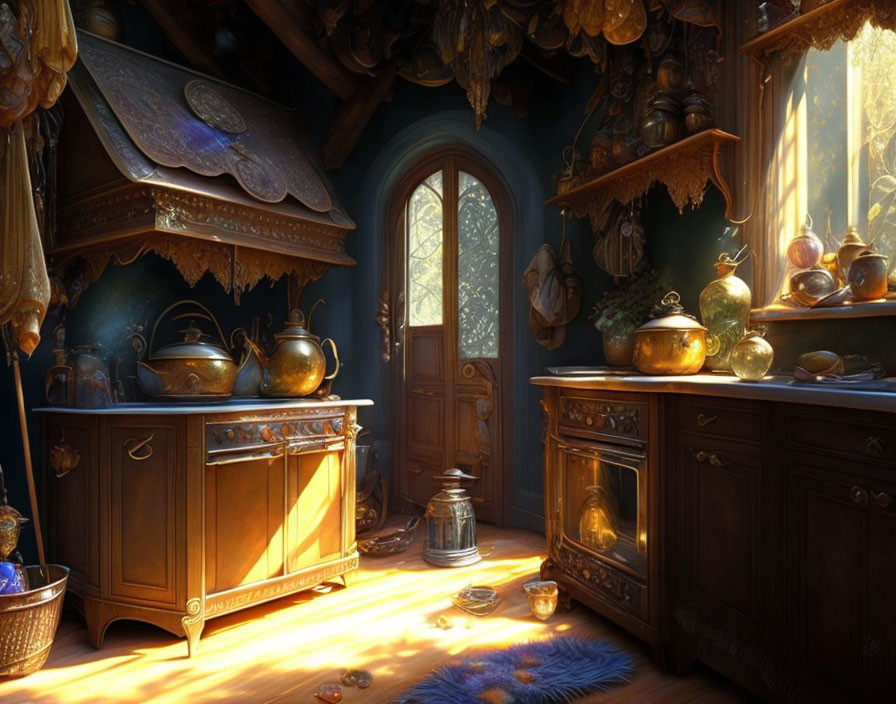 Vintage kitchen with wooden furniture and brass pots in morning sunlight