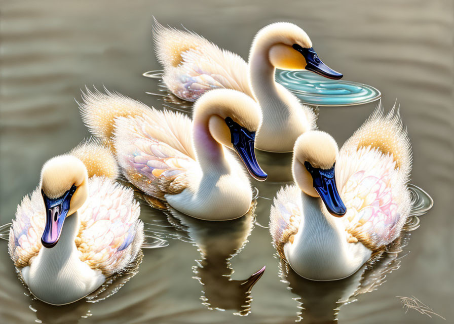 Three Peach and White Fluffy Cygnets Floating on Calm Water