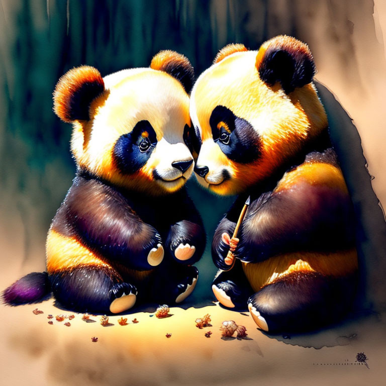 Illustrated panda cubs playing in warm, blurred setting with pebbles.