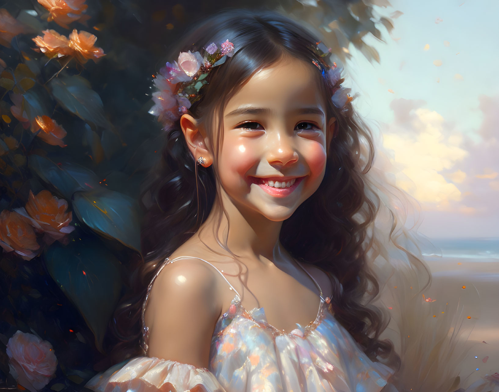 Smiling young girl with floral headband in nature portrait