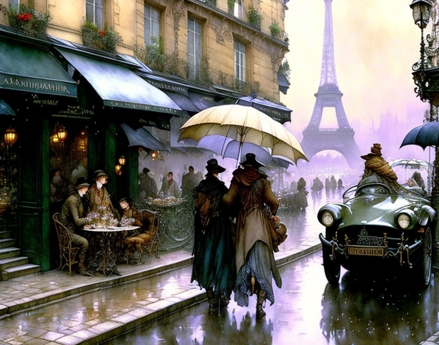 Illustration of Rainy Paris Street with Umbrellas and Eiffel Tower