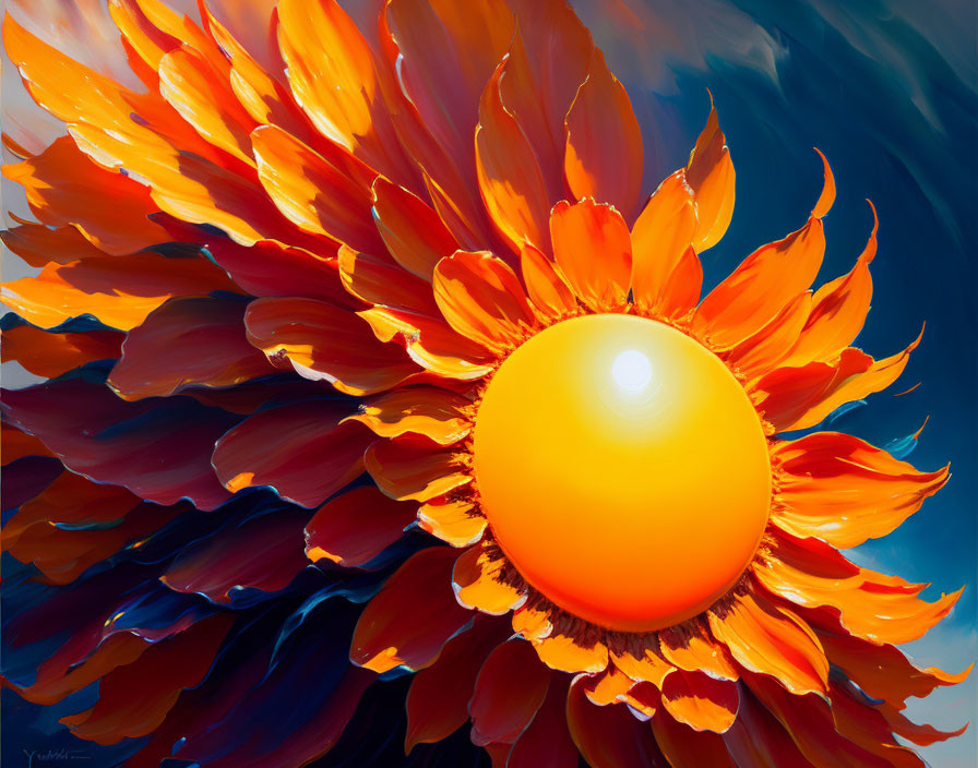 Colorful stylized sunflower painting with red and orange petals on blue background