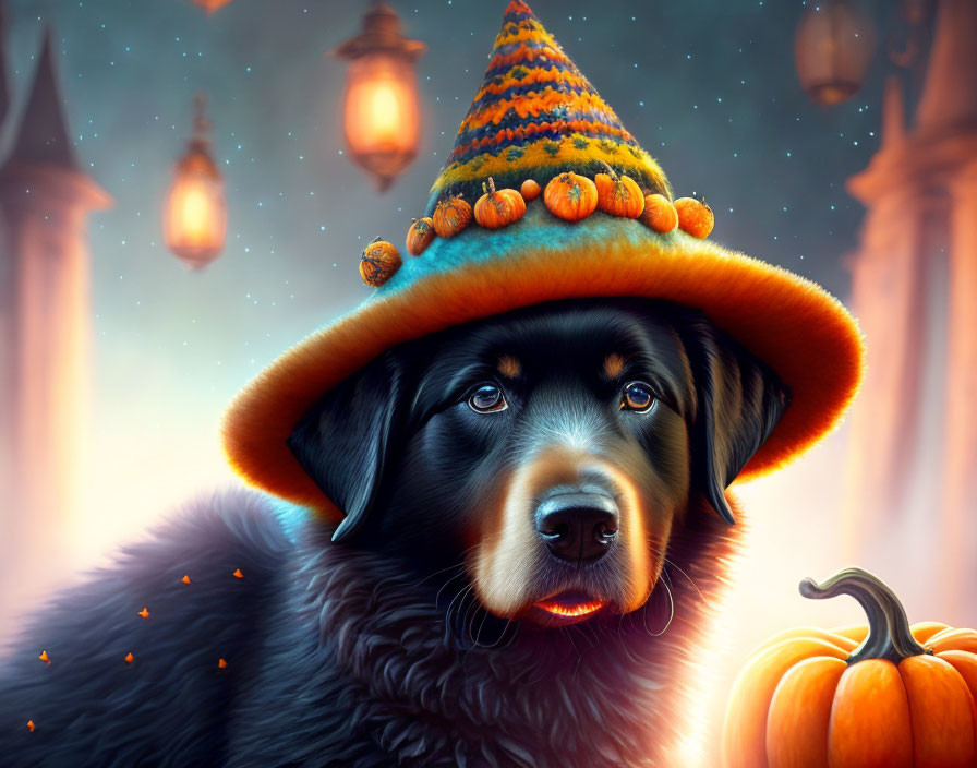 Black Dog in Colorful Witch Hat with Twilight Background and Pumpkin