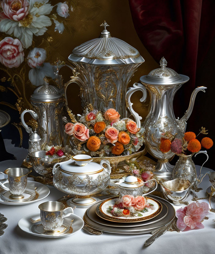 Silver Tea Set with Floral Decorations on Table