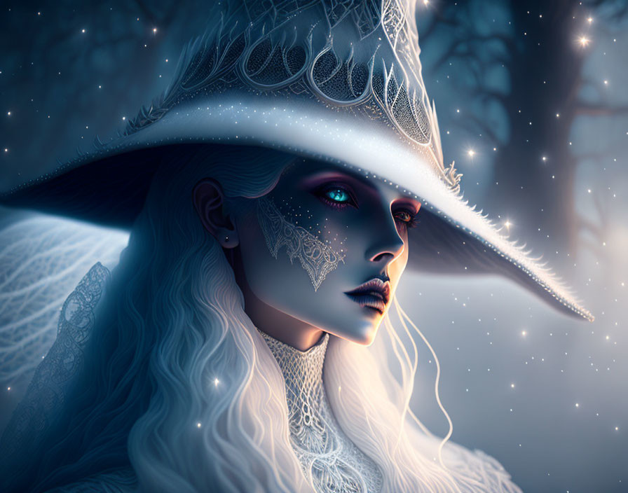 Pale figure with blue eyes in white hat and lace, in mystical winter scene