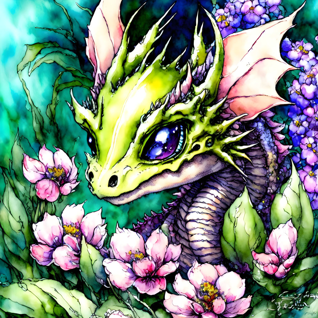 Whimsical dragon with green scales and purple eyes in pink flower bed