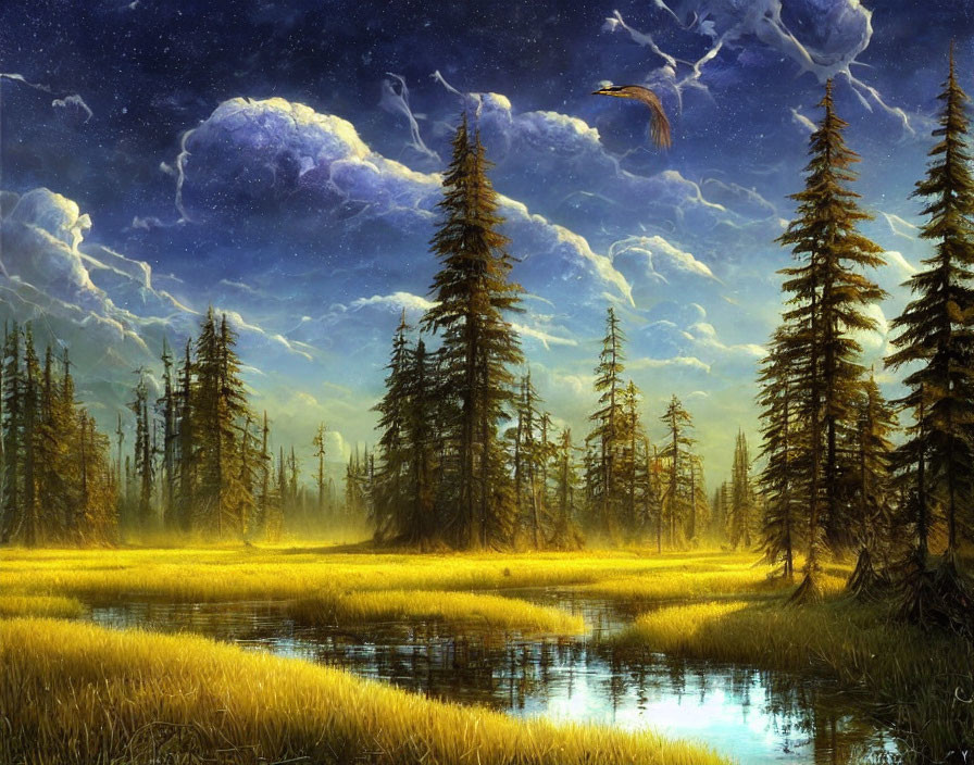 Tranquil Dusk Landscape: Pine Trees, Water Stream, Golden Fields