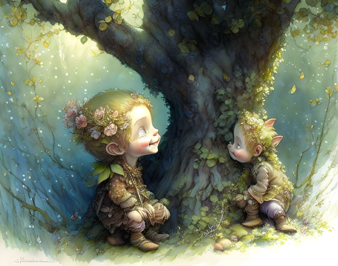 Whimsical elf children with flowers by enchanted tree