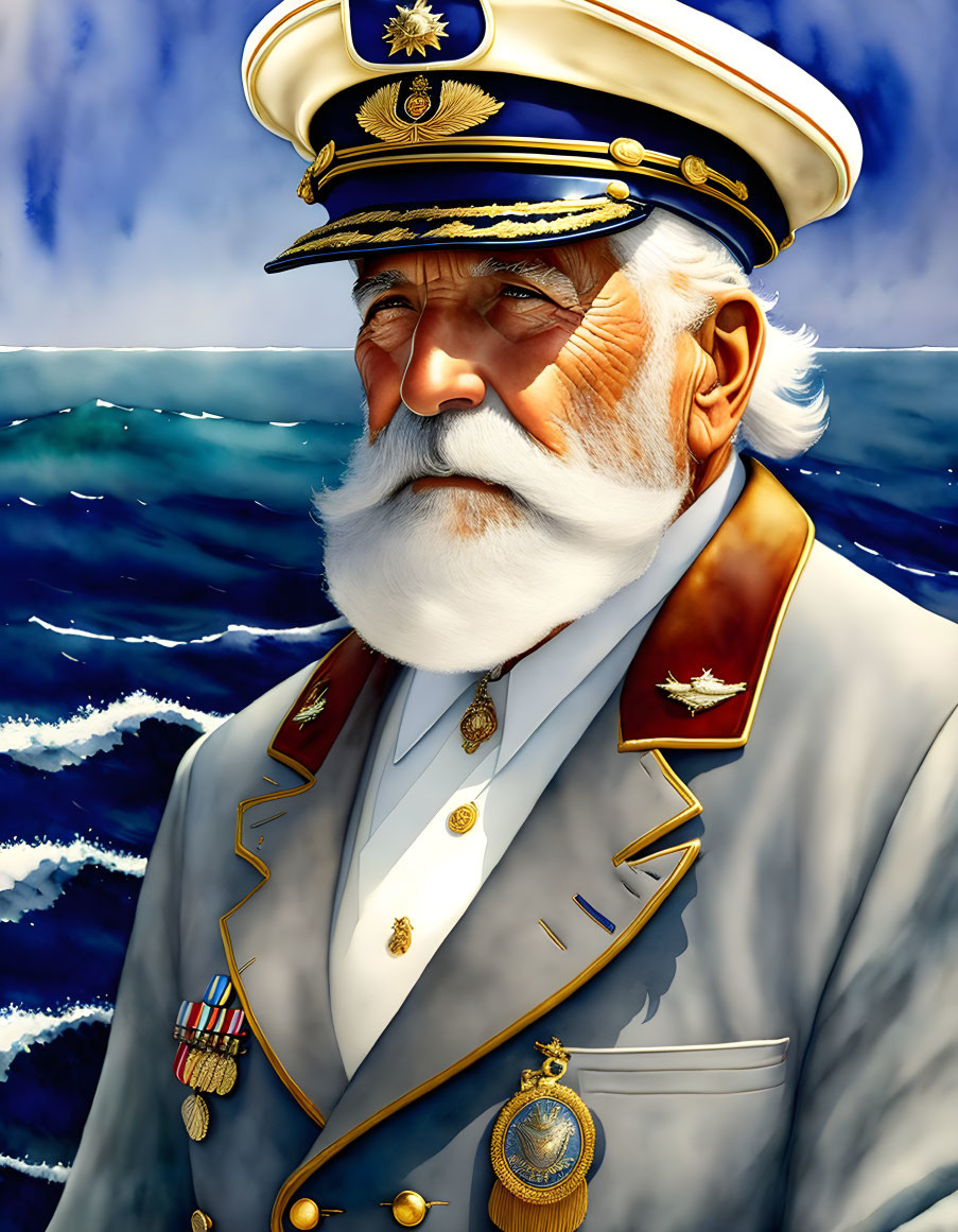 Sea Captain Illustration in Decorated Uniform and Cap