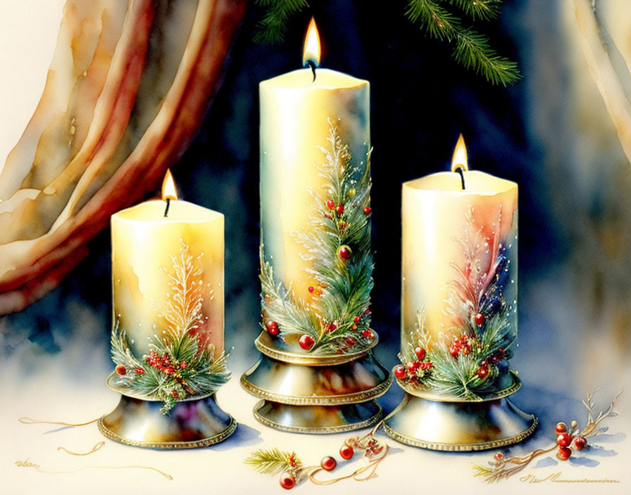 Festive candle decorations with pine branches and berries