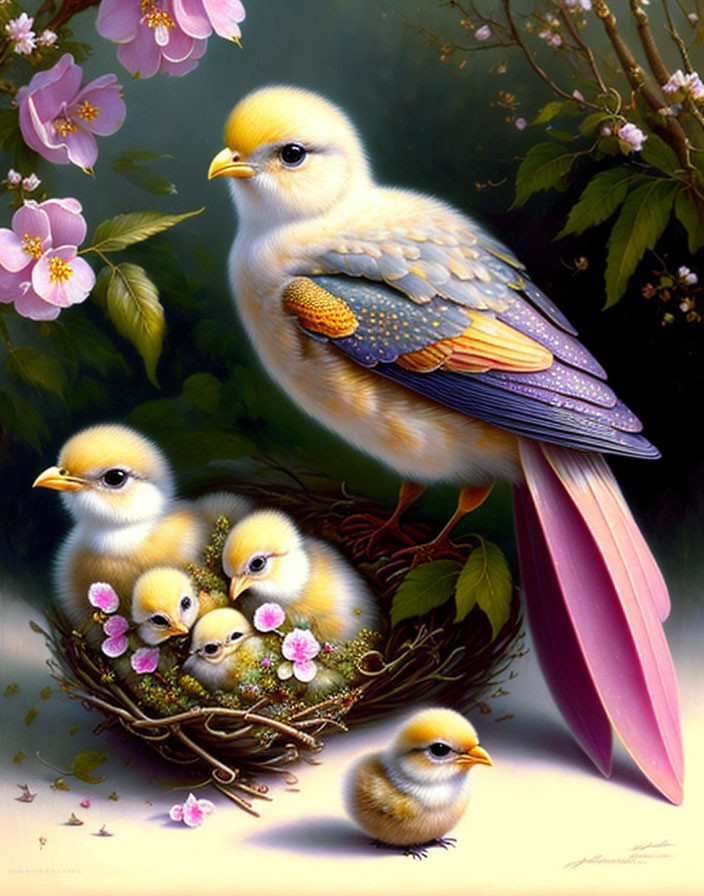 Colorful Bird Nest with Chicks and Flowers Illustration